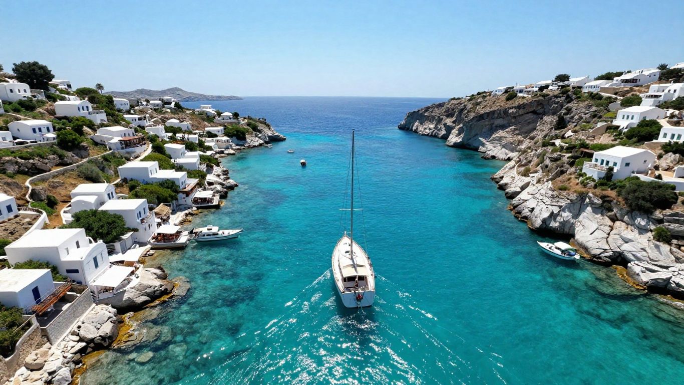 Sailboat cruising near Greek islands with blue water.