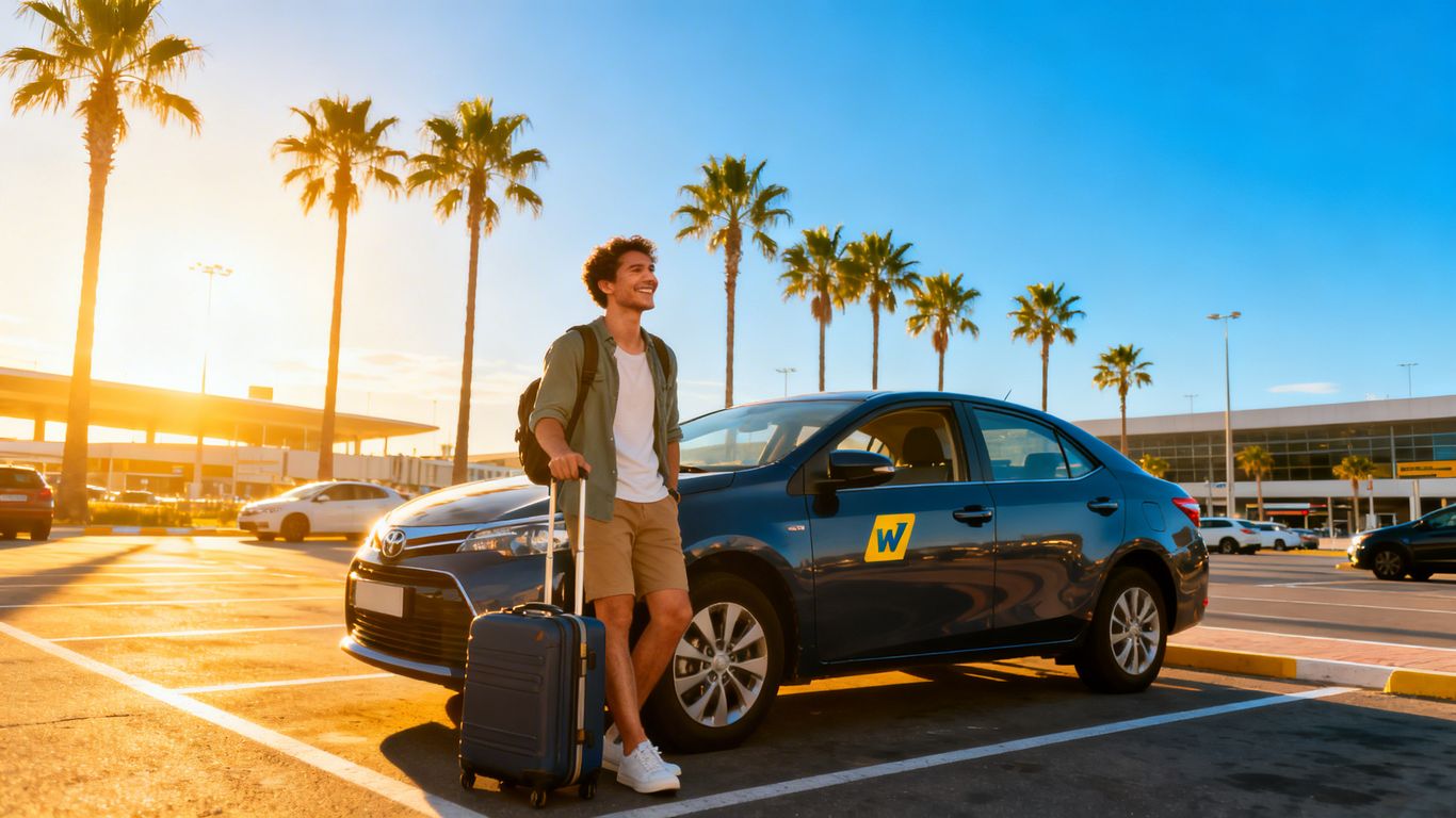 Tourist by rental car with luggage at airport