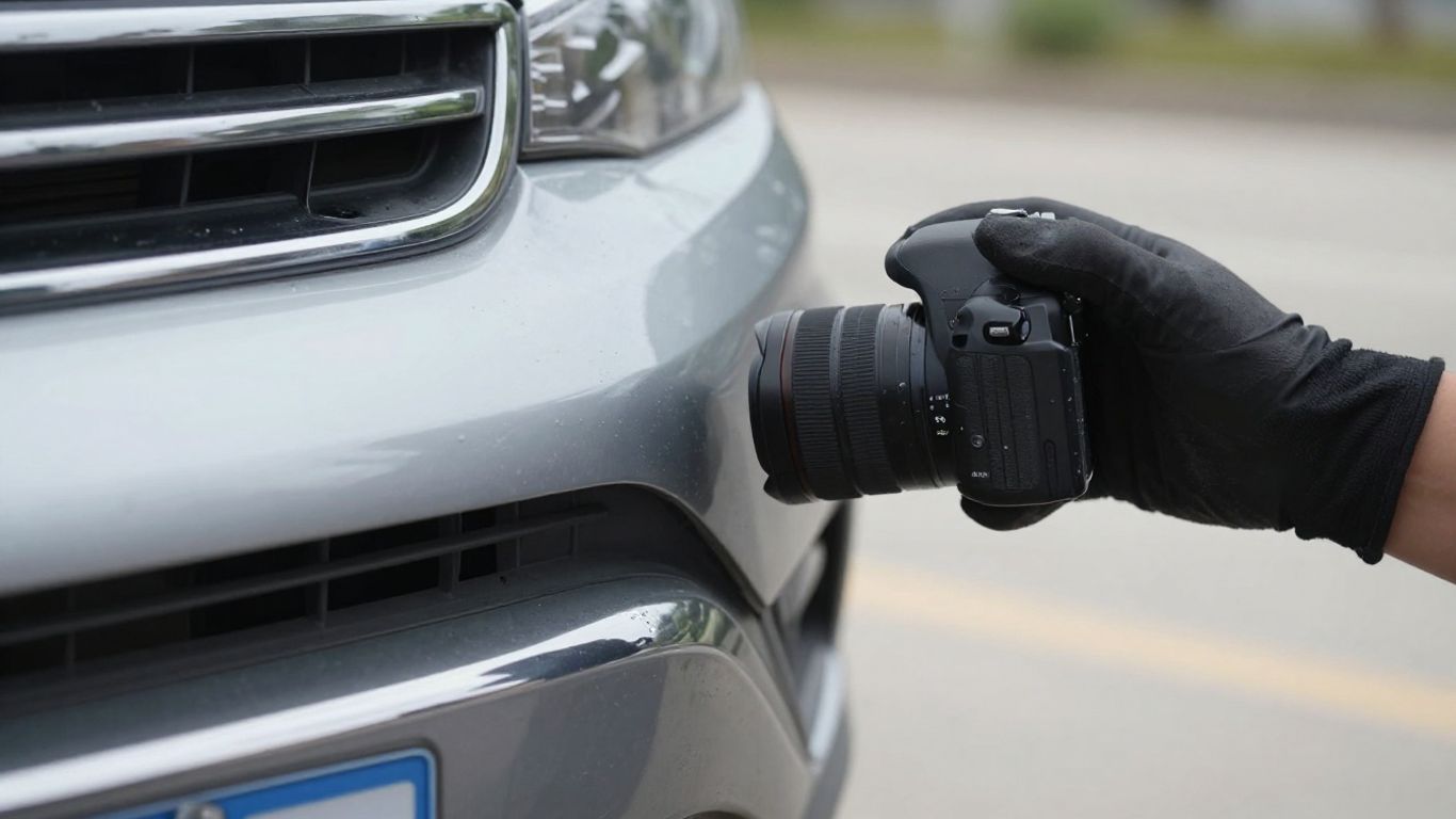 Beschädigter Autoteil mit Kamera und Hand