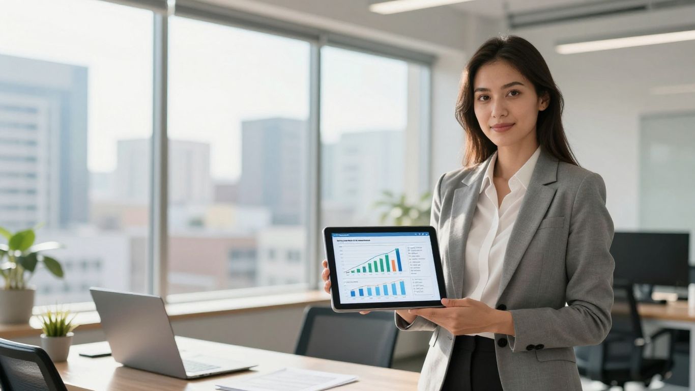 Real estate broker with tablet and city view.