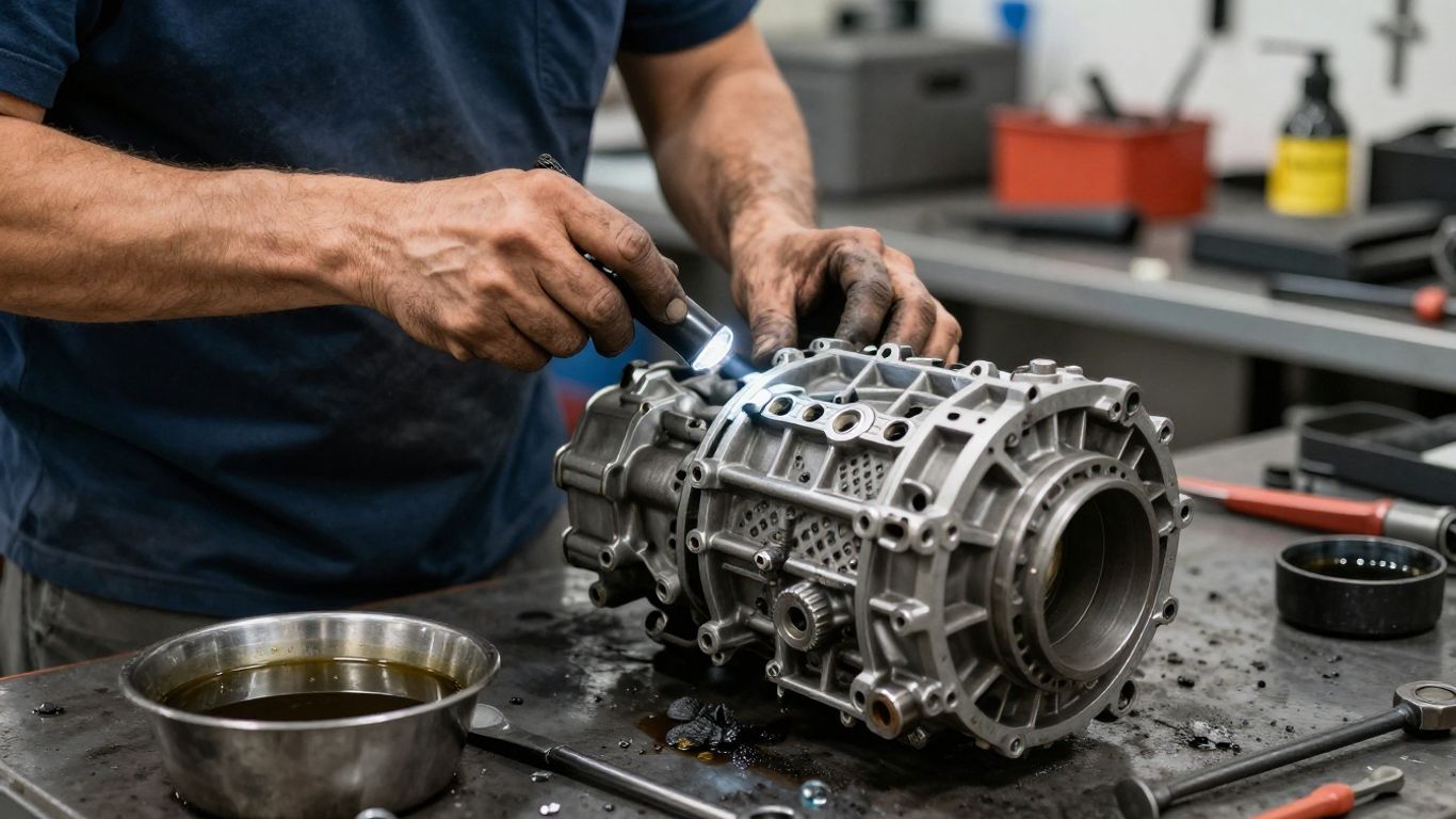 Mechanic inspecting salvaged gear assembly