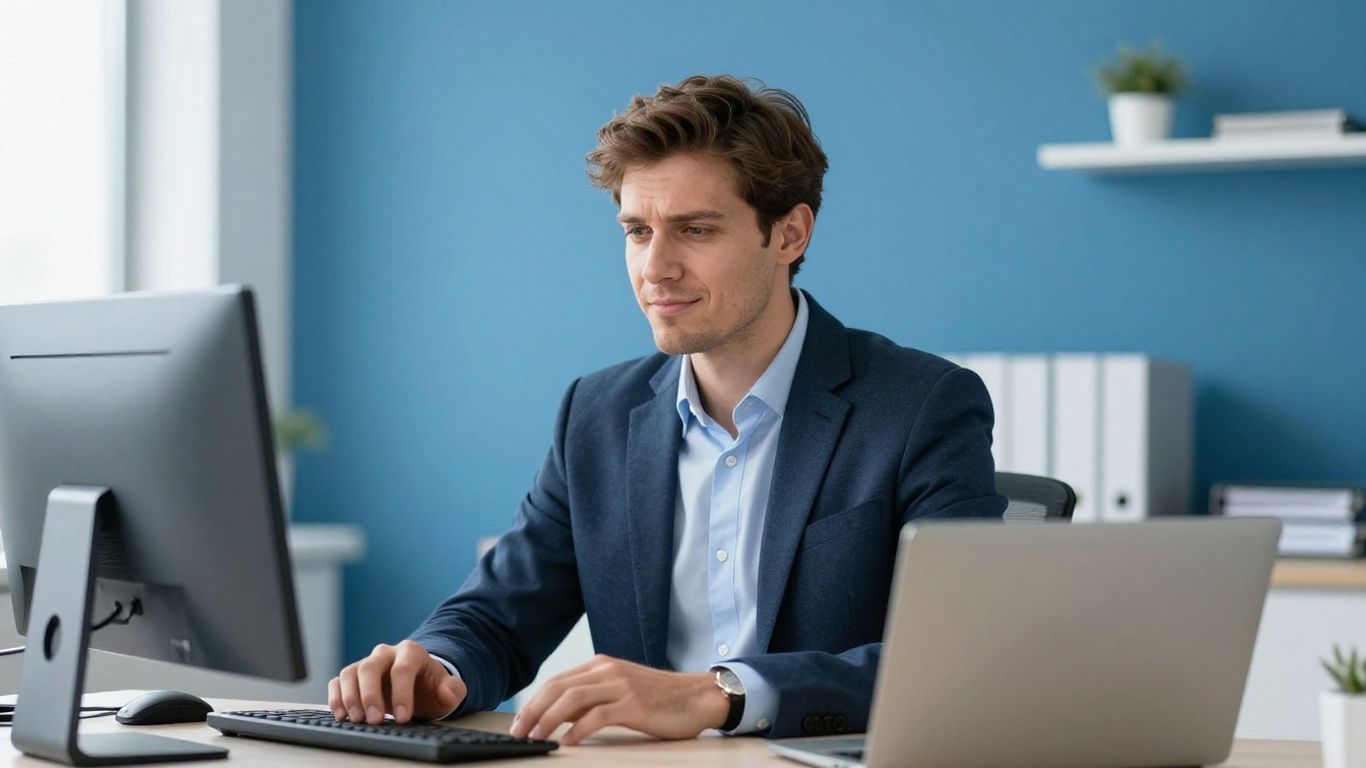 Mann im Büro, erleichtert und organisiert, mit blauen Akzenten.