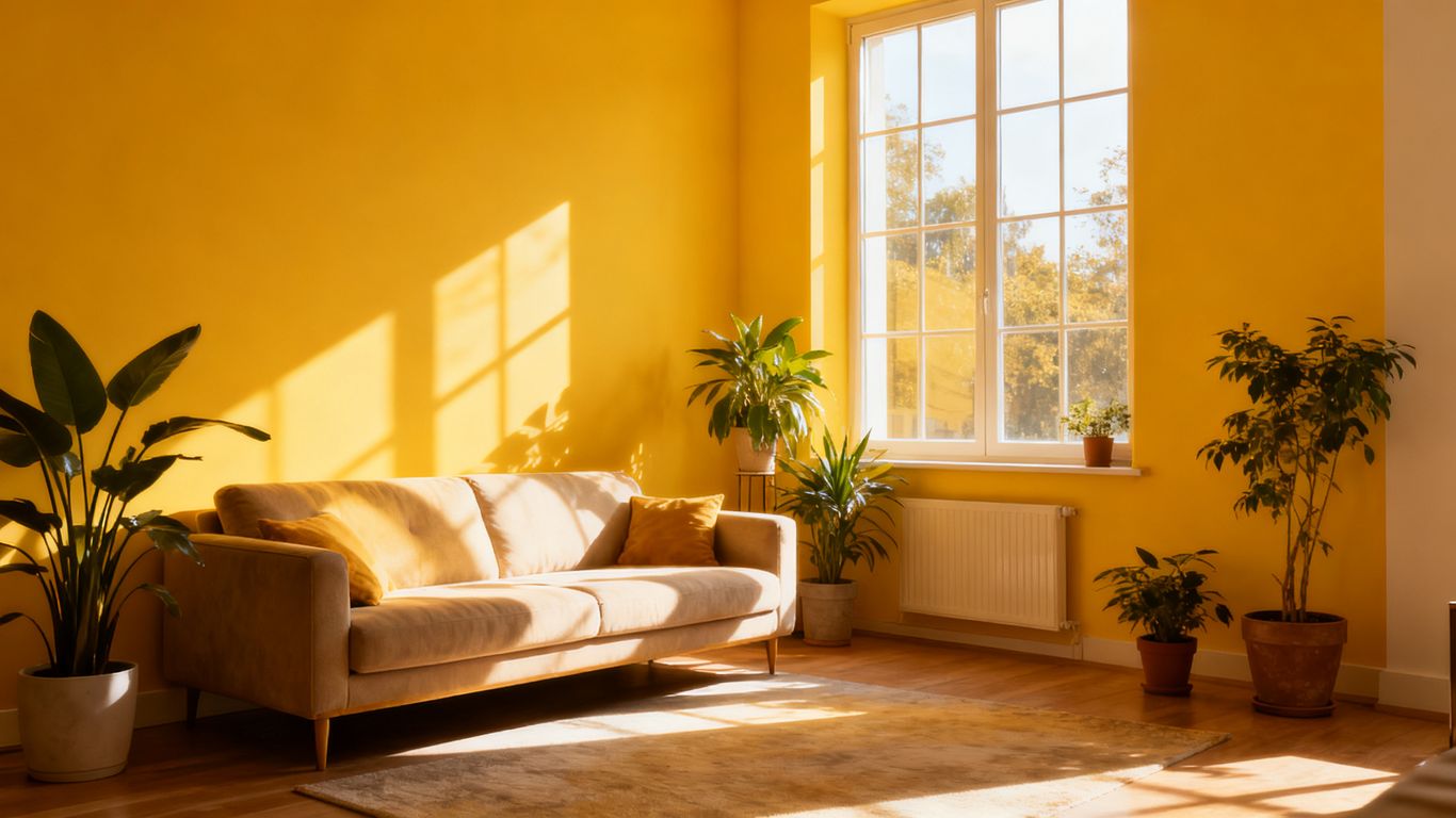 Bright yellow accent wall in a sunny living room.