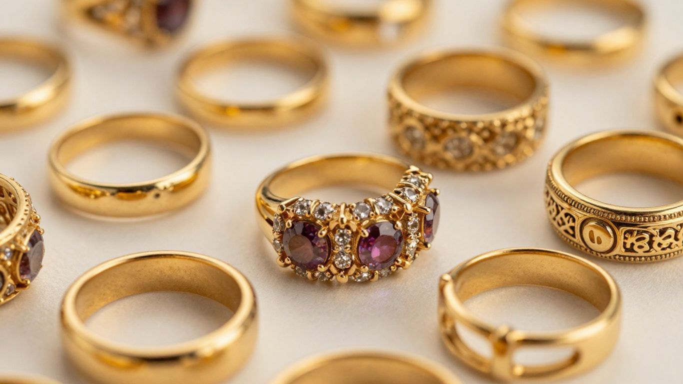 Collection of beautiful gold rings with gemstones.