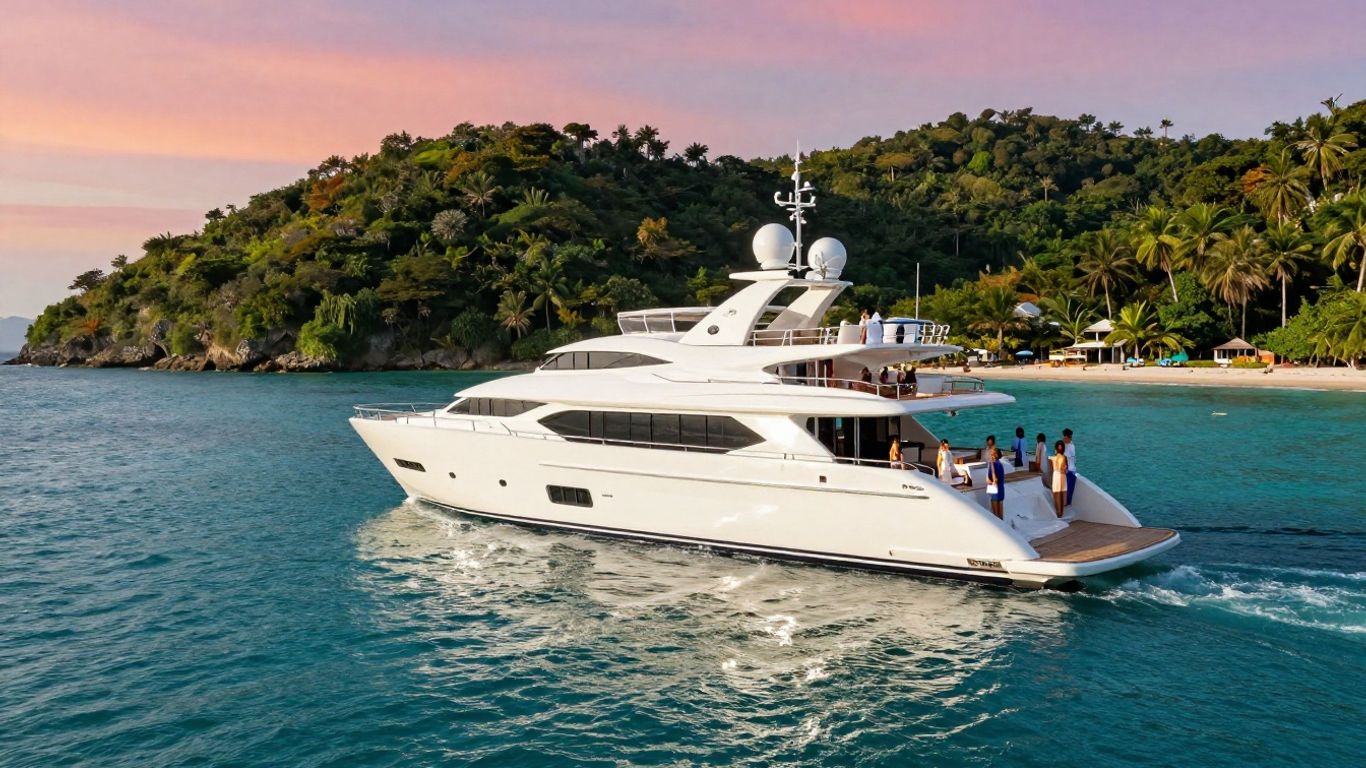 Luxury yacht party at sunset in Phuket, Thailand.