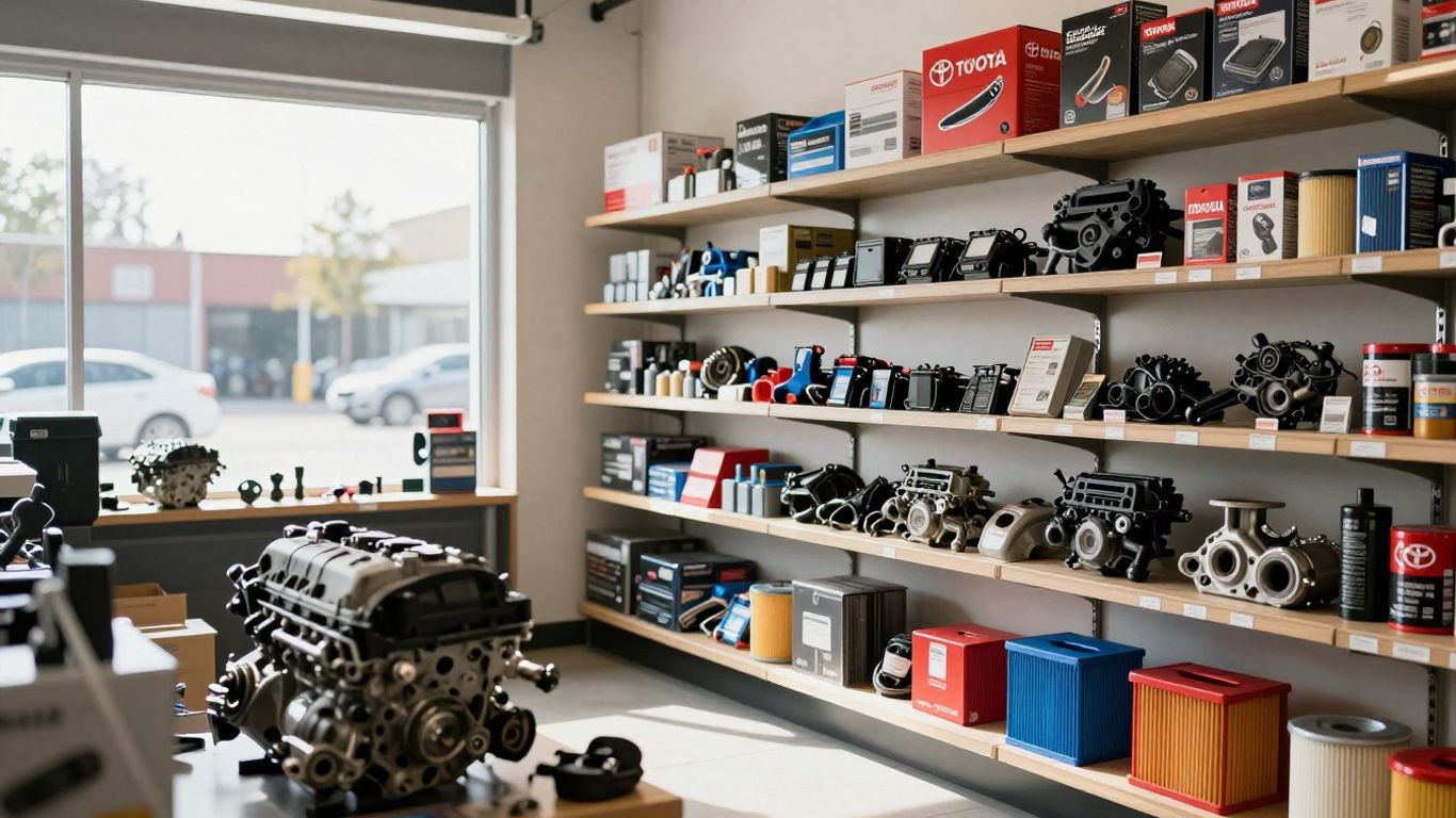 Toyota parts displayed in a Brisbane auto shop.