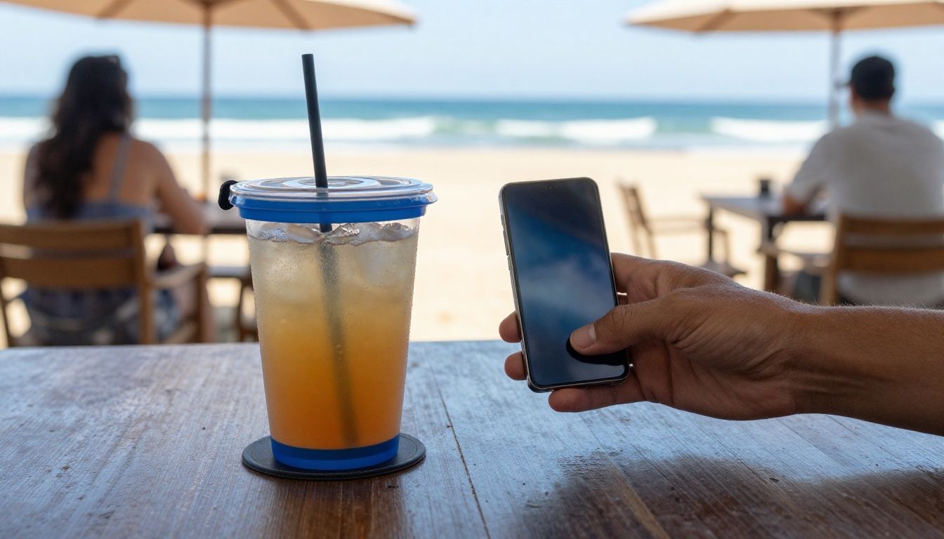 Someone at a beach cafe in Queensland placing their Galaxy S26 in a waterproof pouch next to their drink