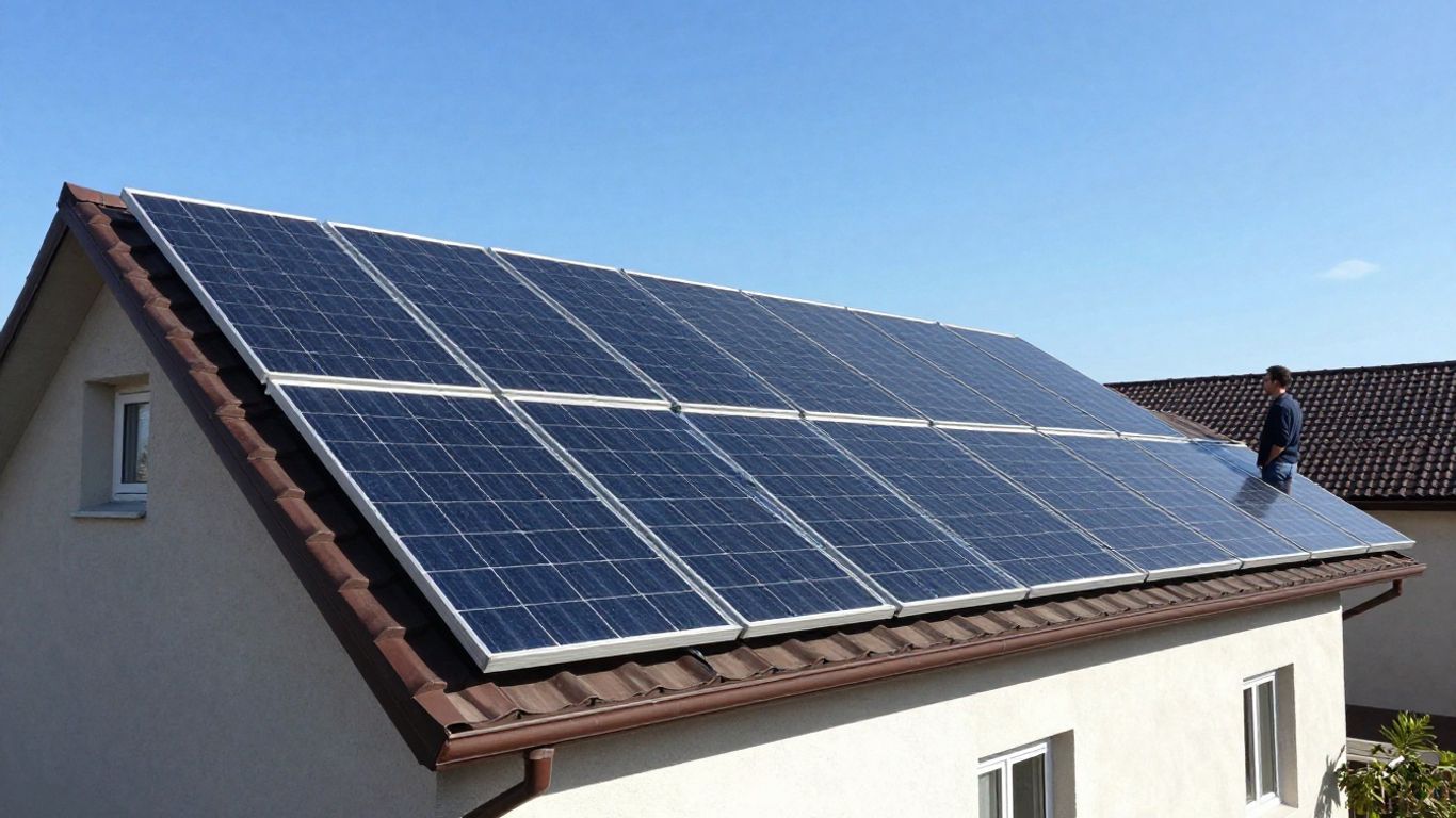 Panneaux solaires sur un toit ensoleillé avec une maison.