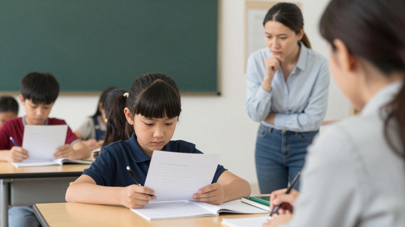 Parent and teacher discussing child's academic progress.