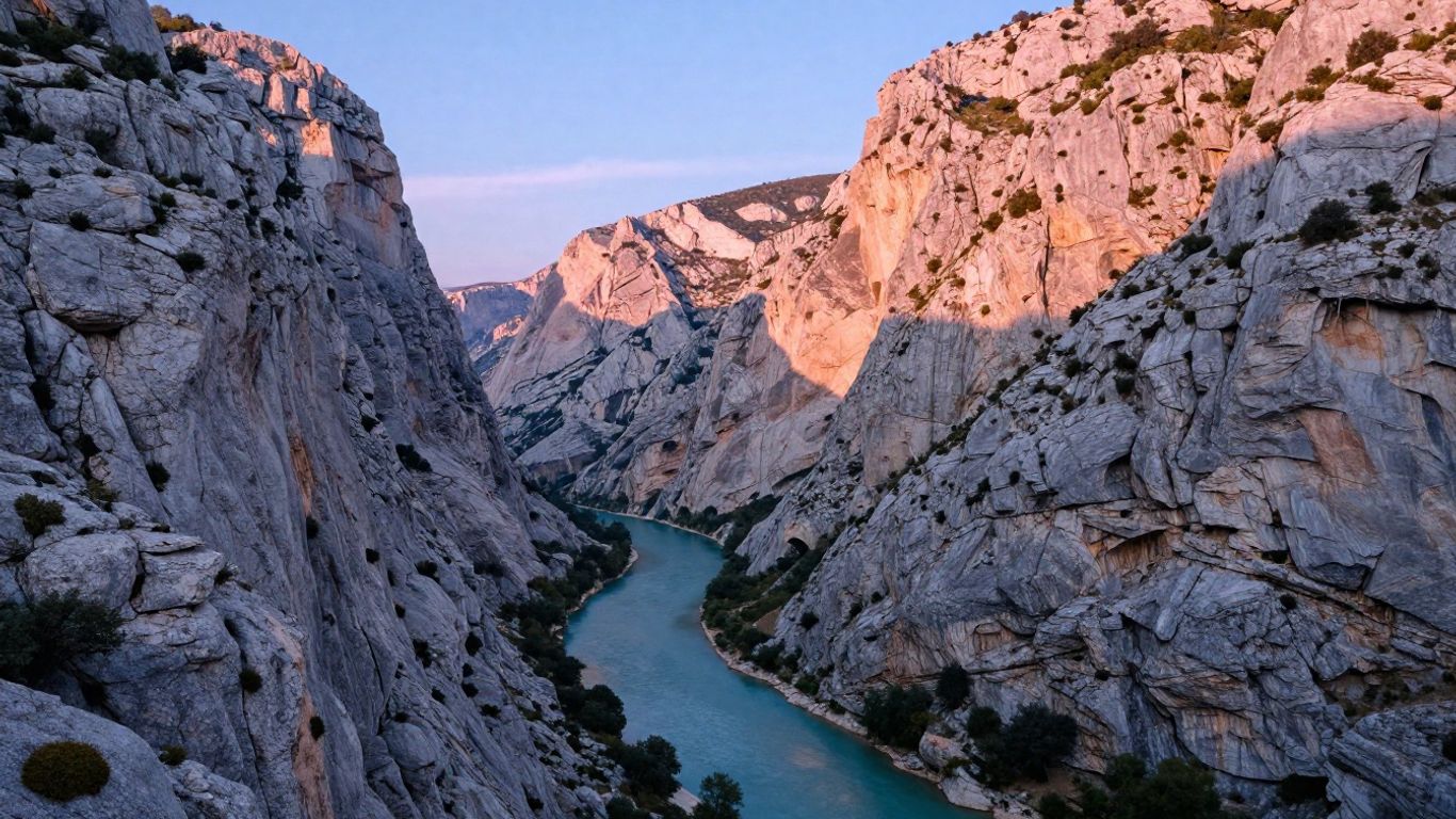 Turquoise Verdon canyon glowing at sunrise