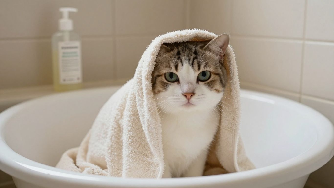 Cat wrapped in a towel after a gentle bath
