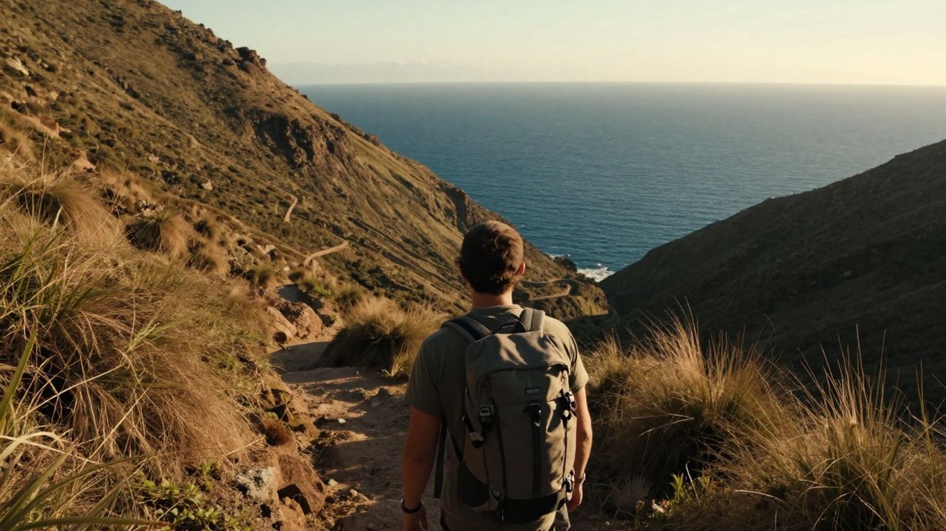 Traveler with daypack overlooking a coastal valley