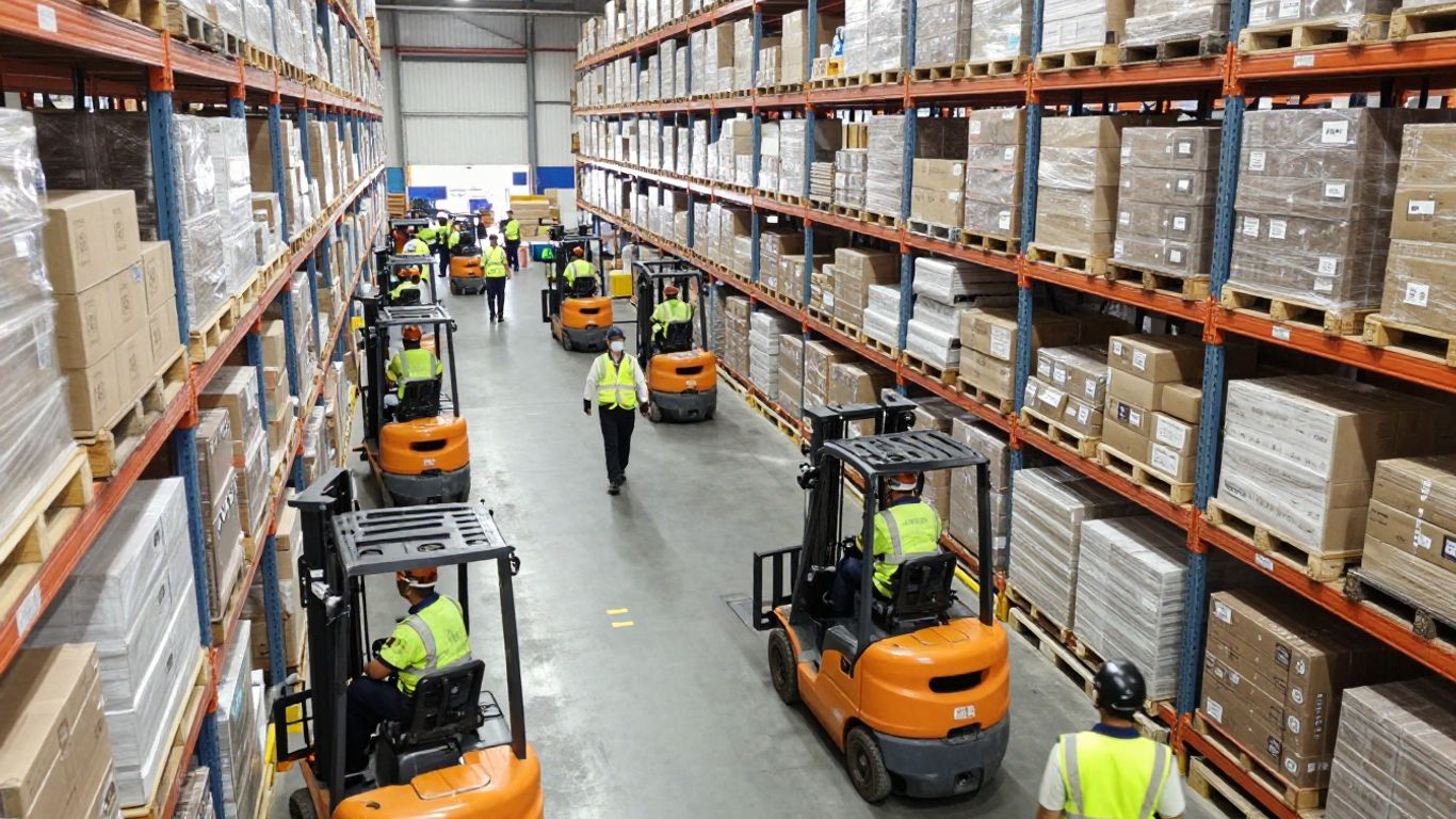 Distribution center operations with teams and forklifts.