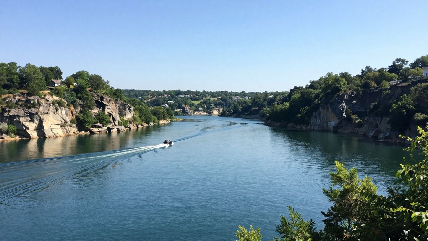 Scenic view of Lake Travis with cliffs and blue water.