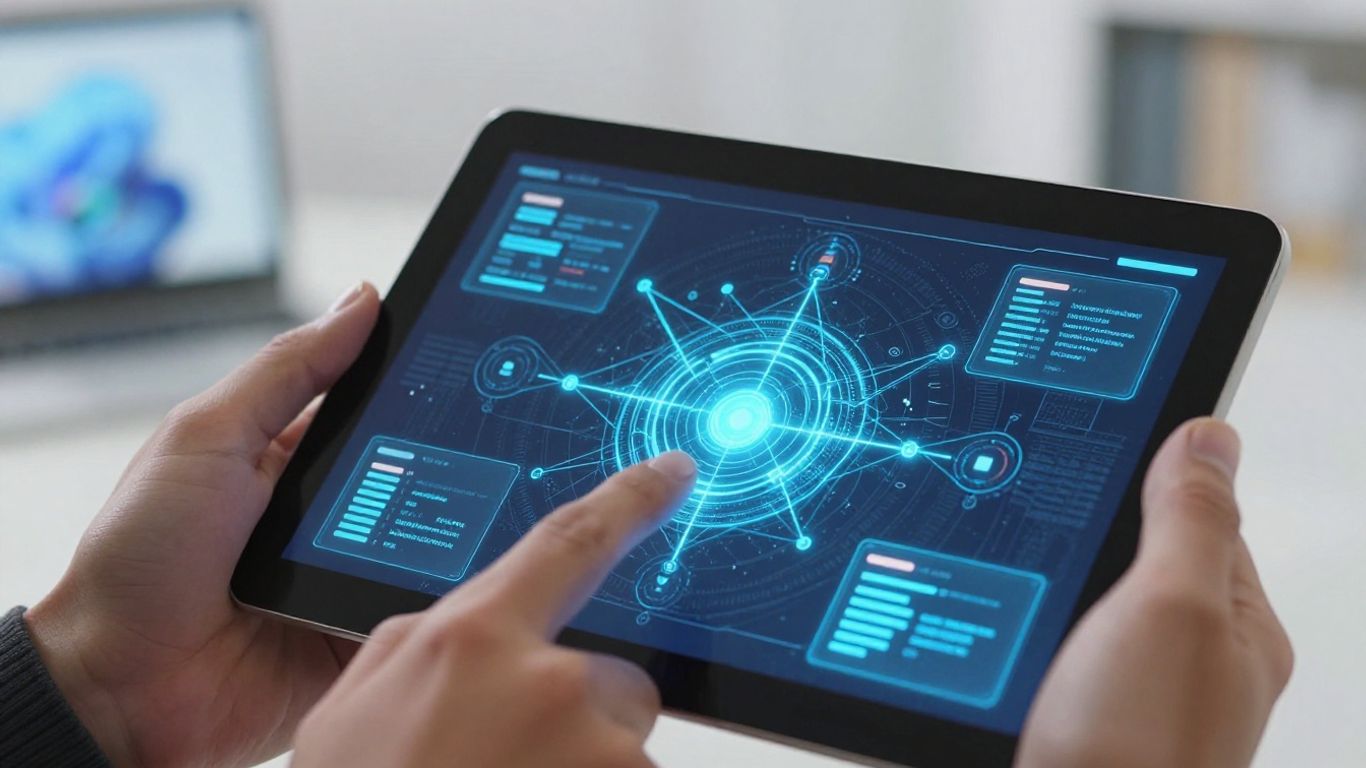 Hands holding tablet showing secure IT network diagram.