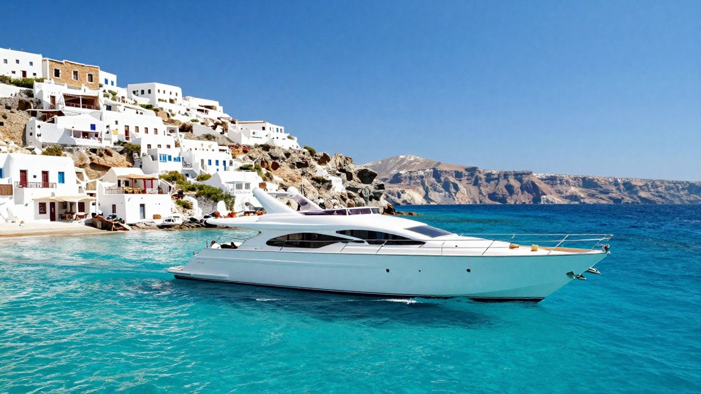 Luxury yacht sailing near Greek islands.