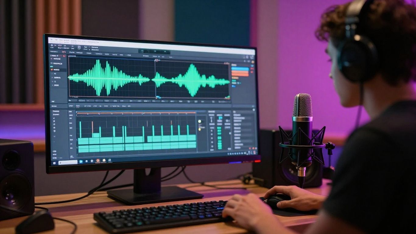 AI music generator interface with microphone and studio lighting.