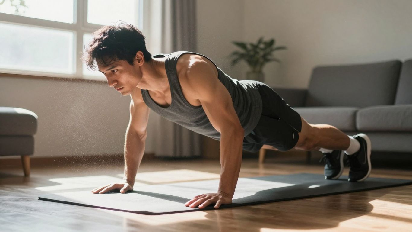 Person doing a bodyweight push-up at home.