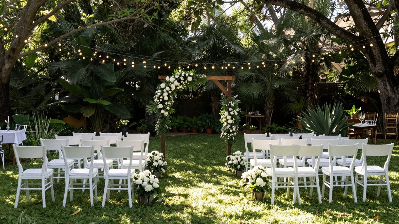 Intimate wedding ceremony setup with arch and seating.