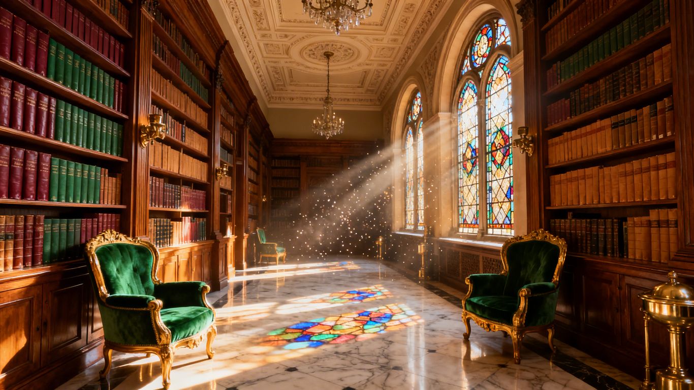 Interior of a grand, sunlit library with tall bookshelves.
