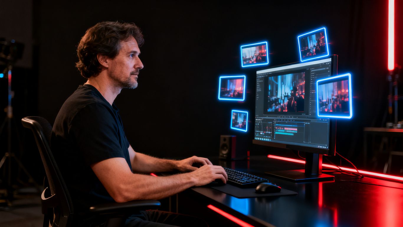 Cinematic adult creator working beside glowing video frames