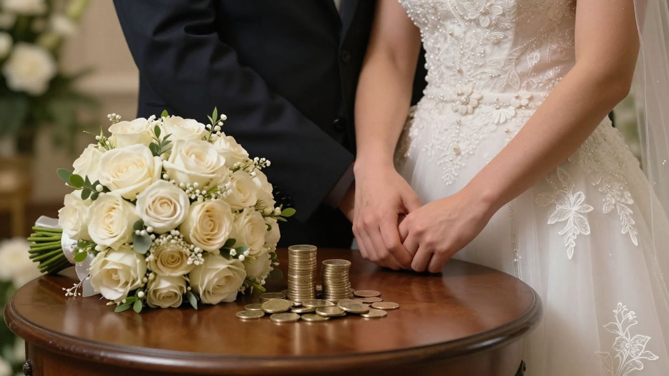 Couple planning wedding budget, balancing savings and splurges.