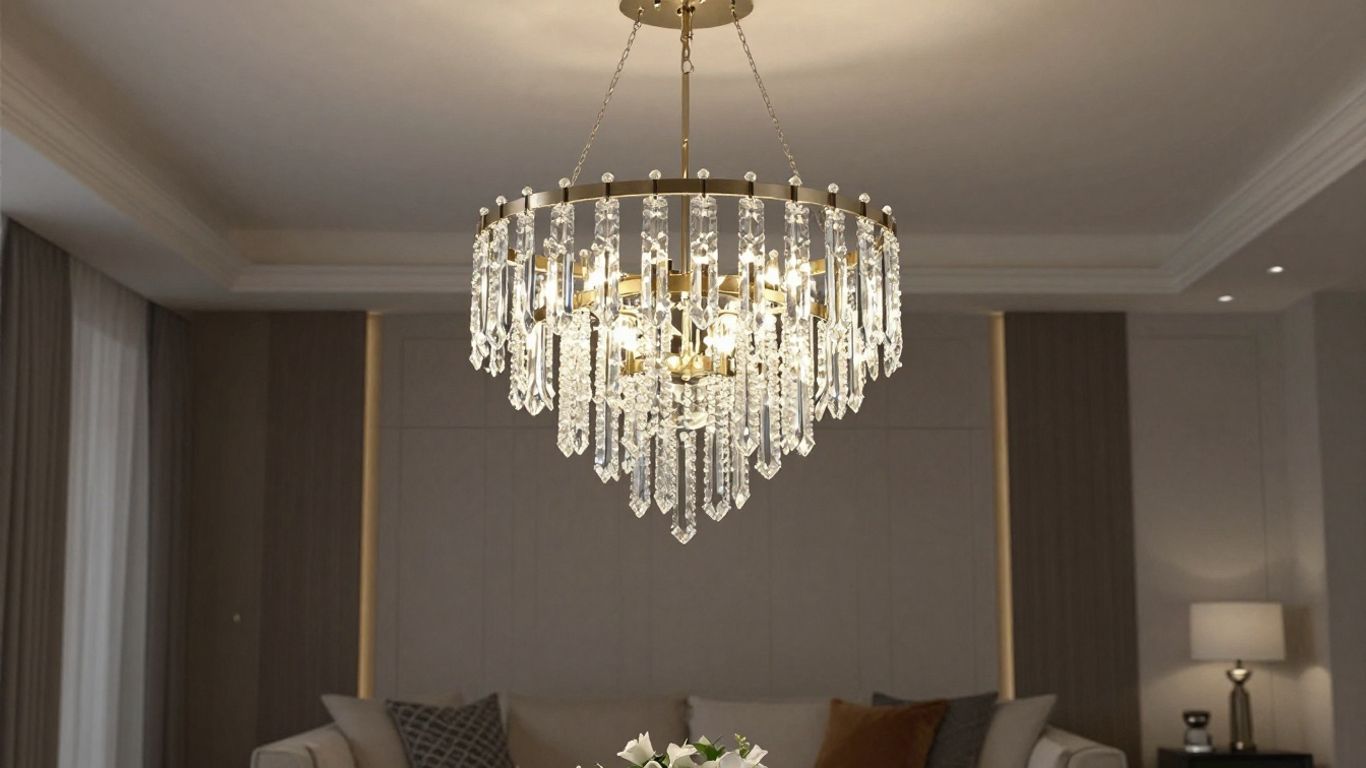 Modern chandelier in a UK home interior.