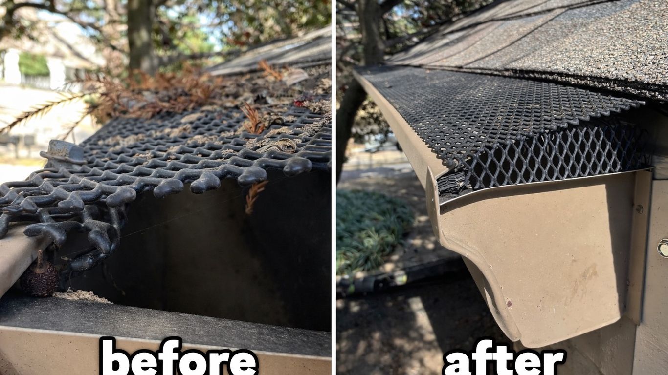 Before and after of a gutter with debris and a clean gutter guard.