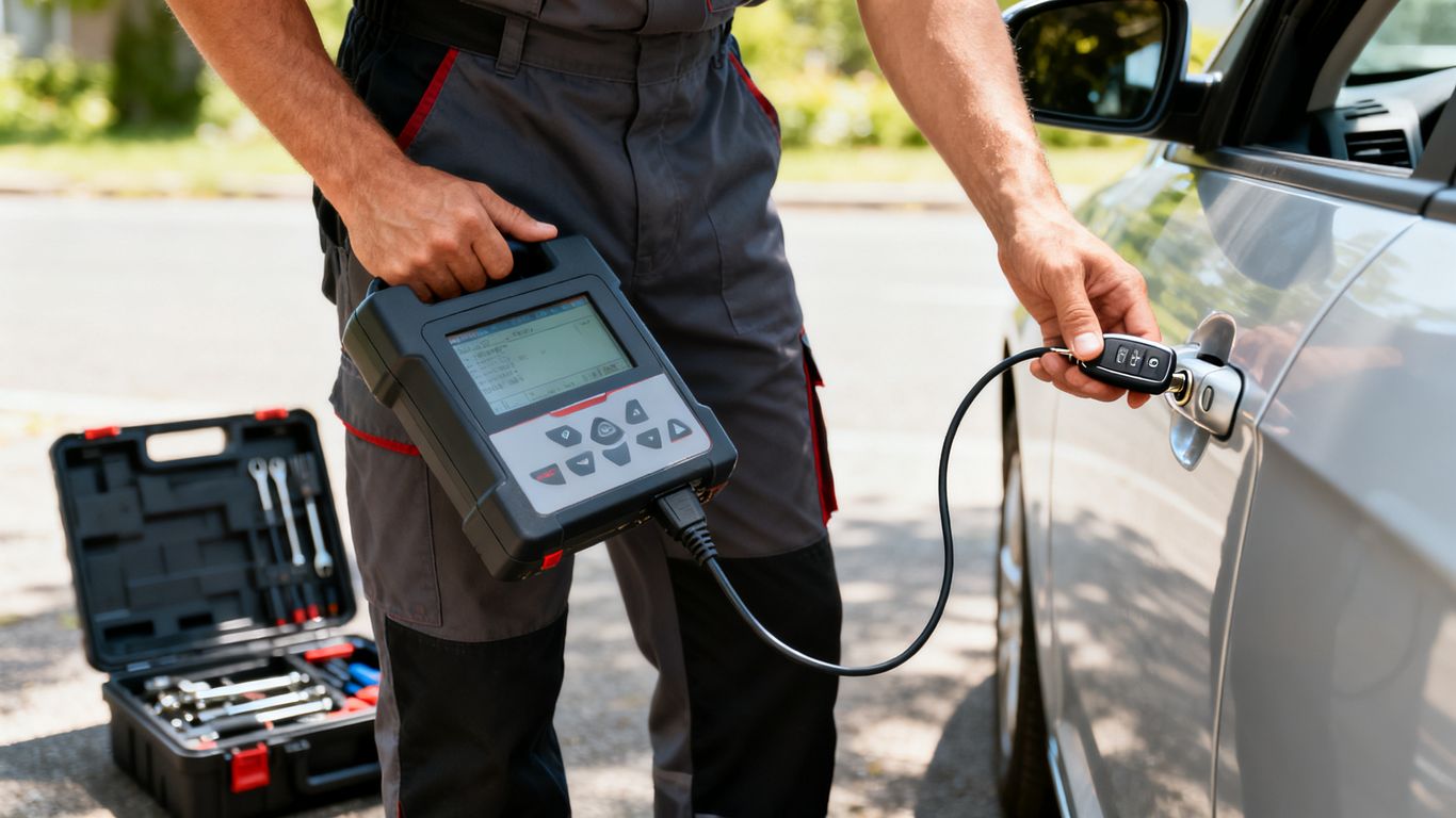 Technician programming a car key on site