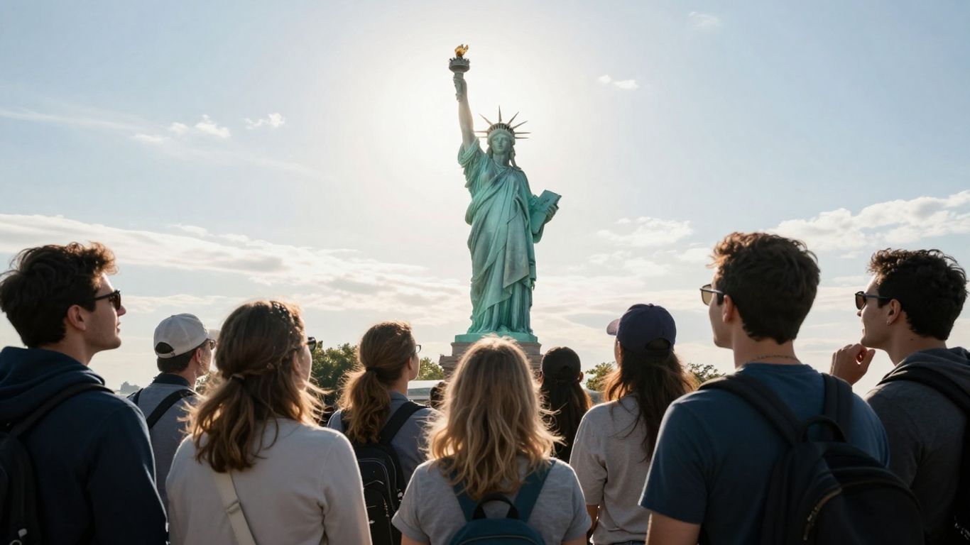 Statue of Liberty with diverse people seeking asylum.