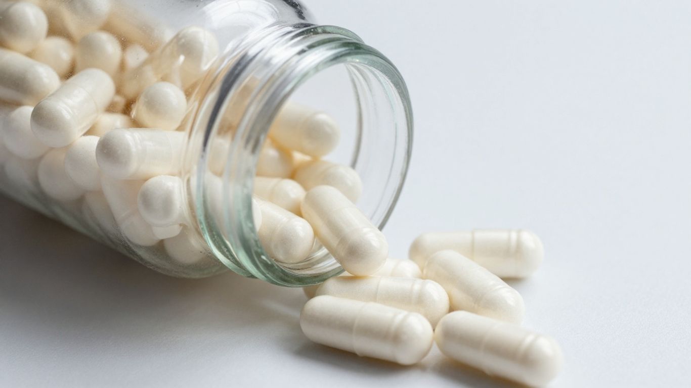 Bottle of magnesium glycinate capsules on a clean surface.