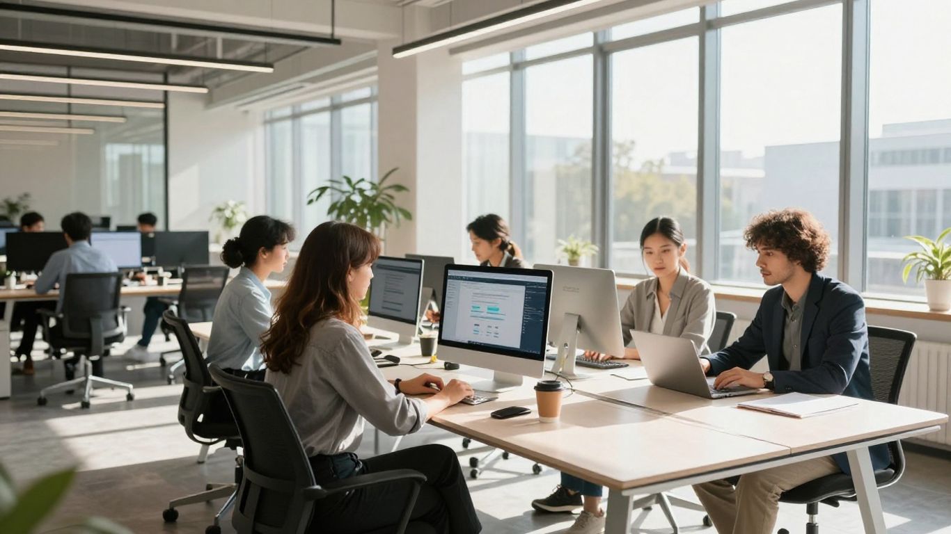 Team collaborating in modern office, AI solutions.