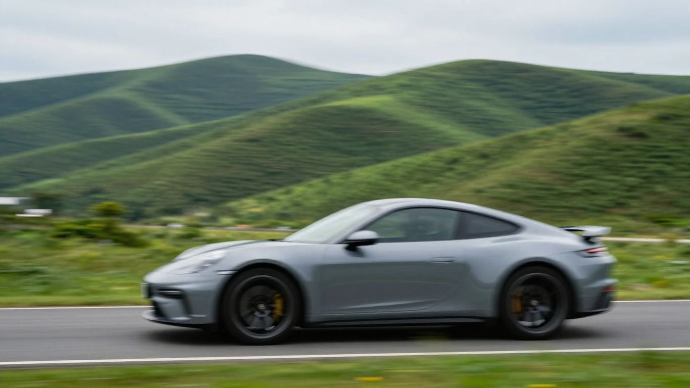 Car speeding through North Carolina landscape.