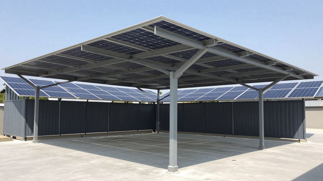 Ombrière solaire avec panneaux photovoltaïques intégrés.