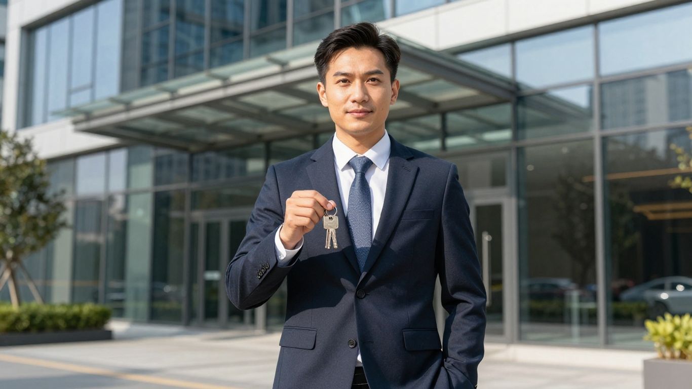 Real estate broker in suit with keys.