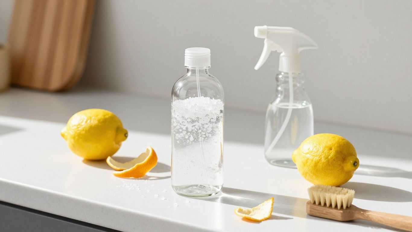 Citric acid, lemon, and cleaning supplies on a counter.