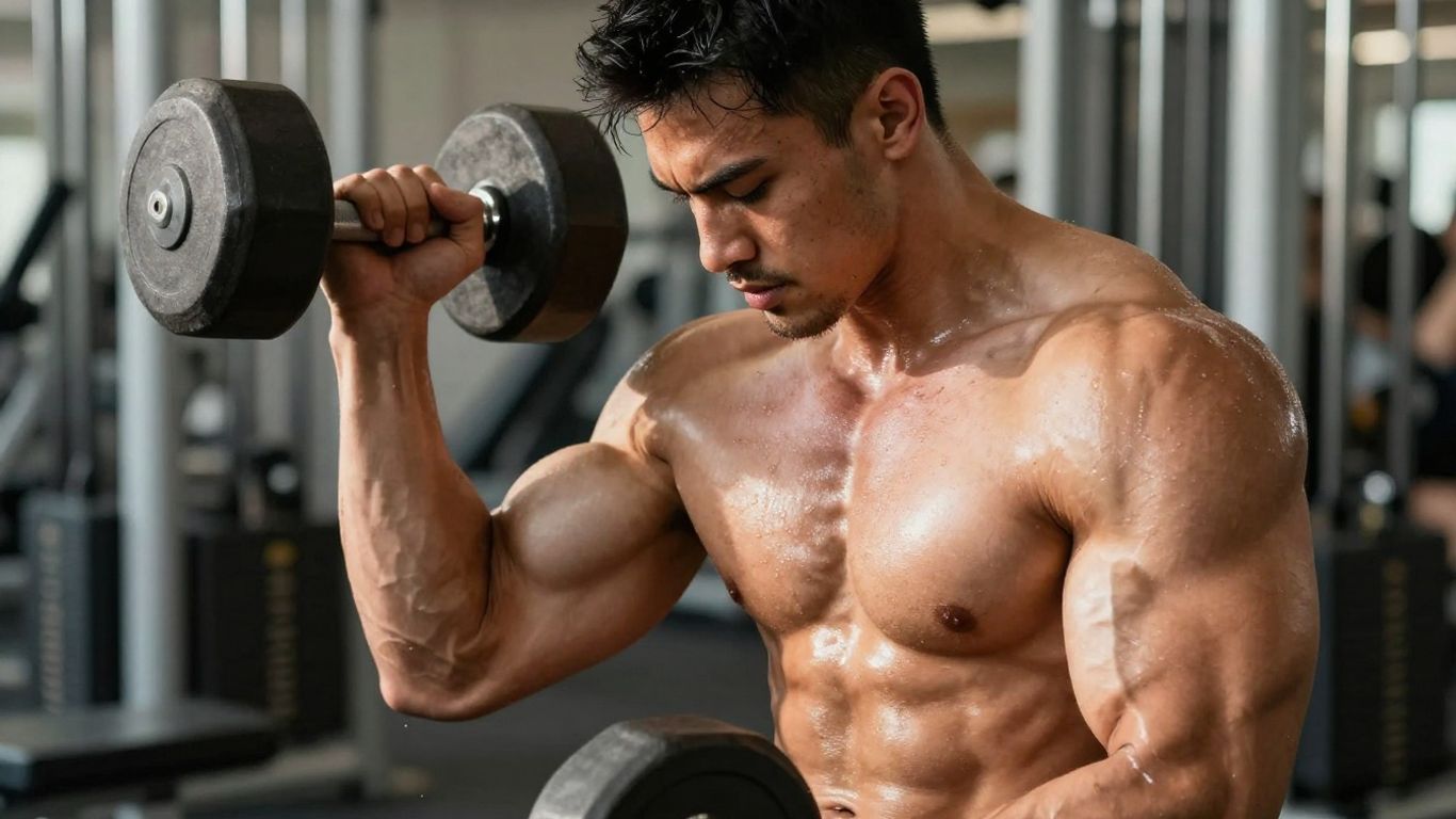 Muscular man flexing in a gym.