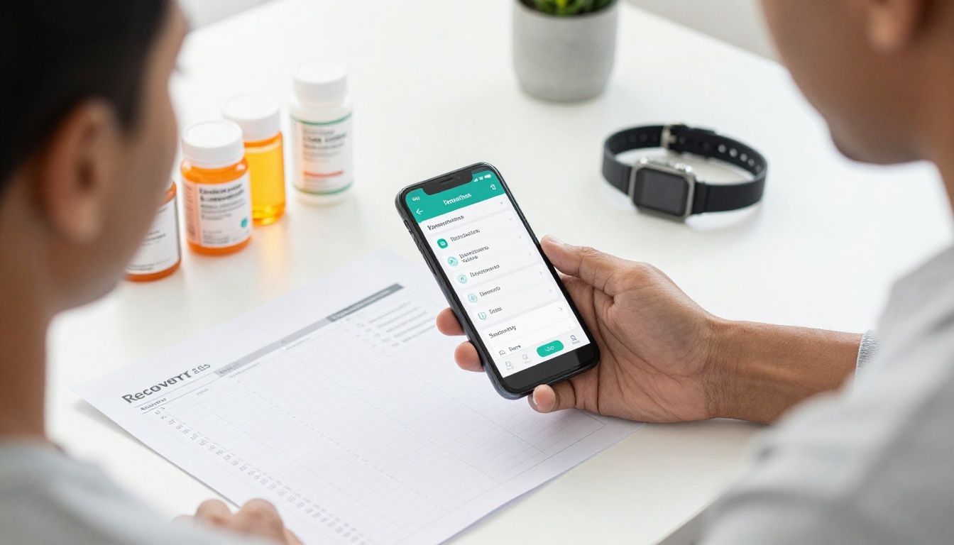 Realistic bright modern health-tech scene showing a diverse U.S. man in his 40s reviewing a hormone treatment tracking app on a smartphone beside an organized weekly planner, supplement container, lab results, fitness watch, and recovery notes on a clean desk; natural daylight, professional but approachable, no visible text, no logos, accurate hands, editorial wellness photography.