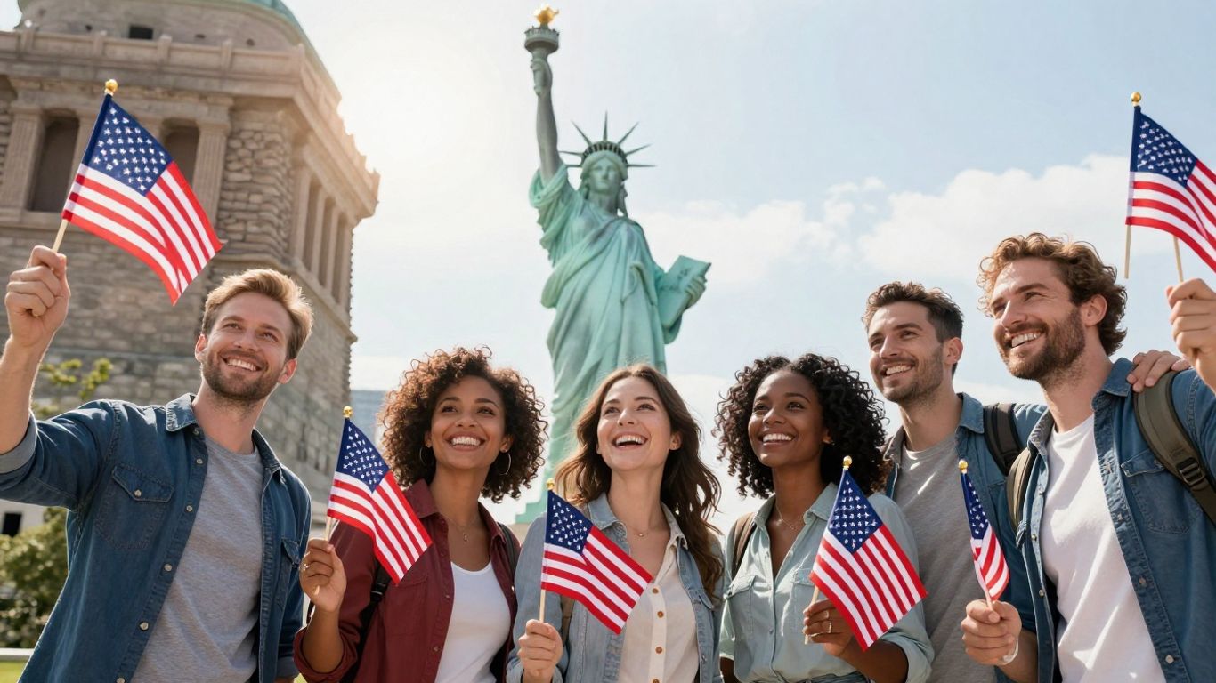 American citizenship benefits, diverse people, Statue of Liberty.
