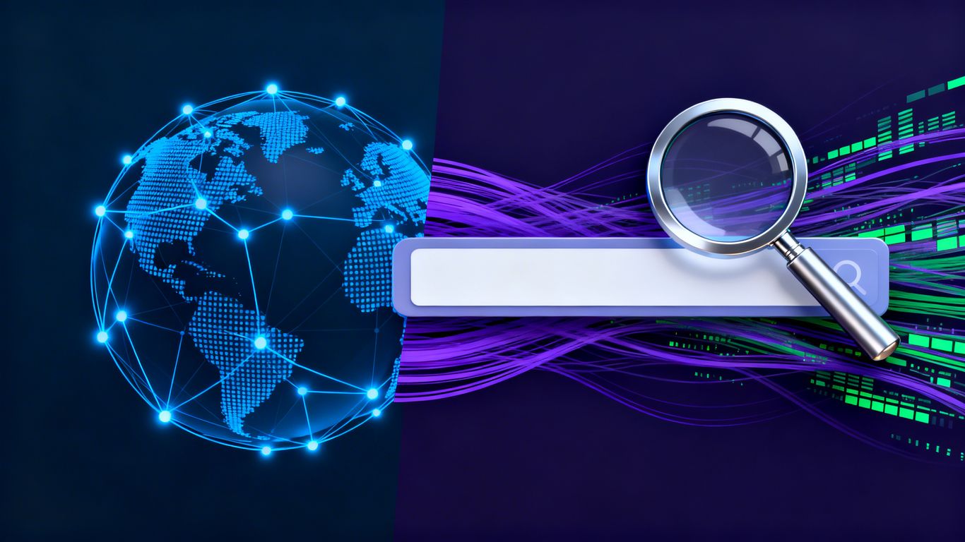 Globe and magnifying glass merging, representing GEO and SEO.