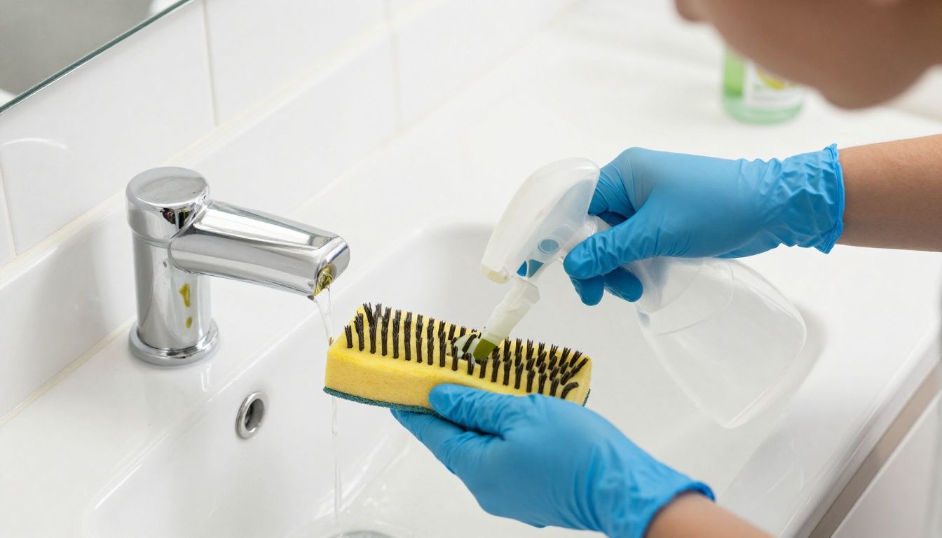 A professional cleaner using eco-friendly products to deep clean a bathroom surface