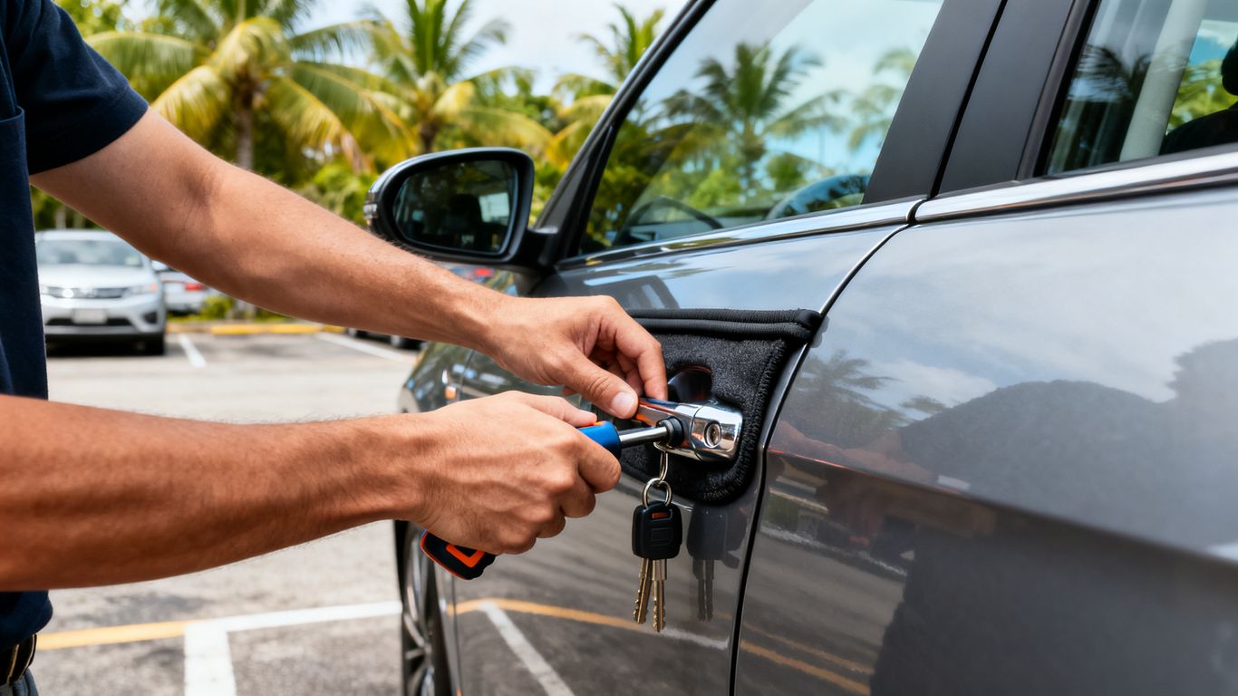 Technician opening modern car carefully