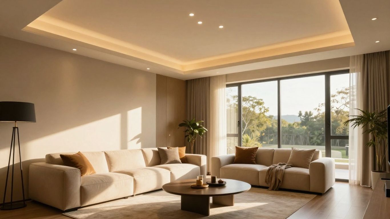 Living room with elegant ceiling lights and cozy decor.