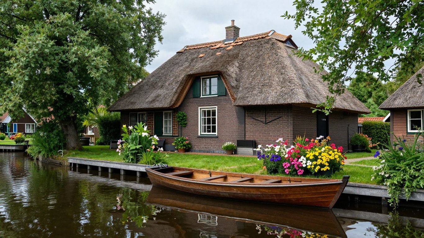 Uniek huisje in Giethoorn met bootje aan het water.