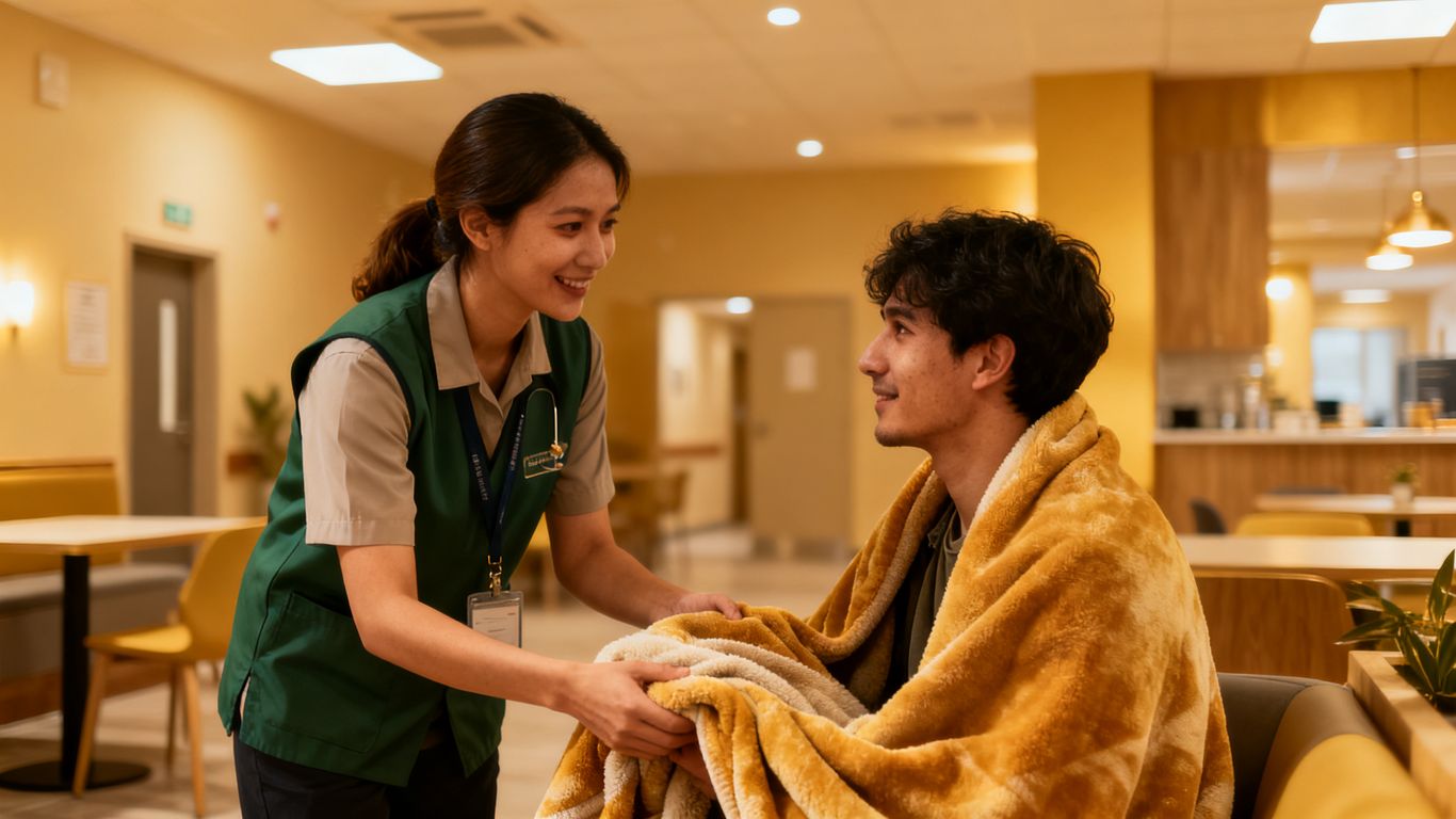 Hostel worker gives blanket to resident with kindness.