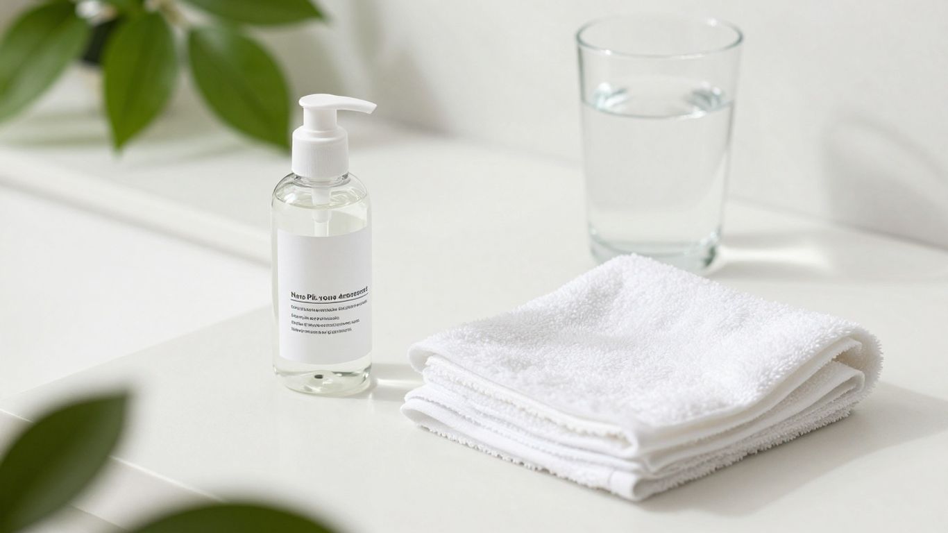 Minimal bathroom scene with lubricant and ingredient checklist