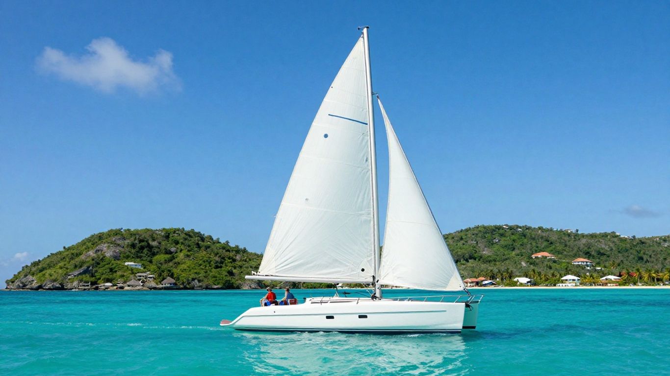 Catamaran sailing in clear Caribbean waters with islands.