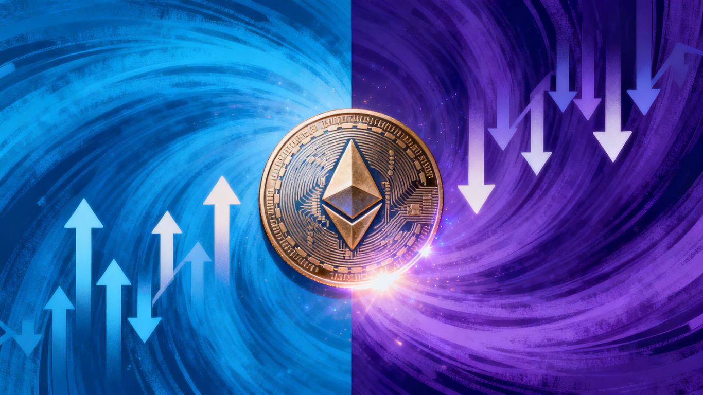 Ether coin with mixed upward and downward market arrows.