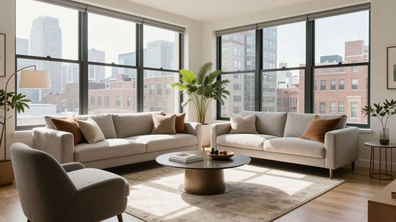 Stylish Chicago apartment living room with city views.