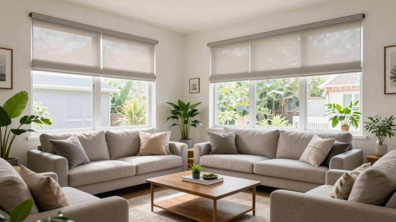 Modern living room with roller shades on windows